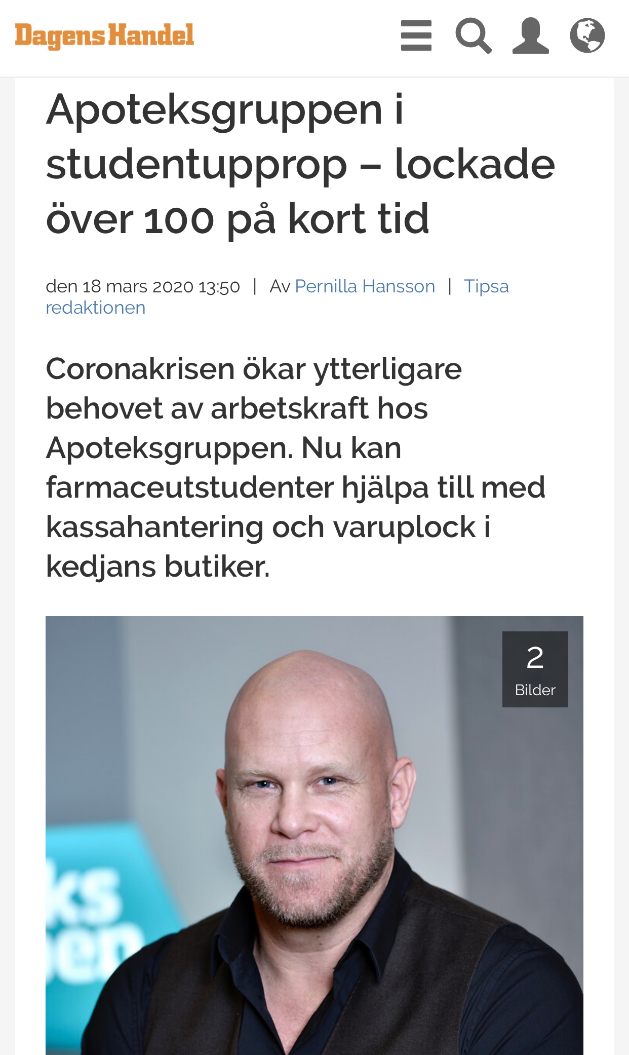 Publicering i Dagens Handel om Apoteksgruppens studentupprop