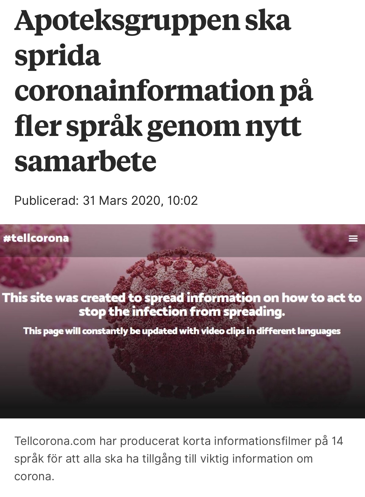 Publicering om Apoteksgrppens samarbete i syfte att sprida coronainformatio på fler språk