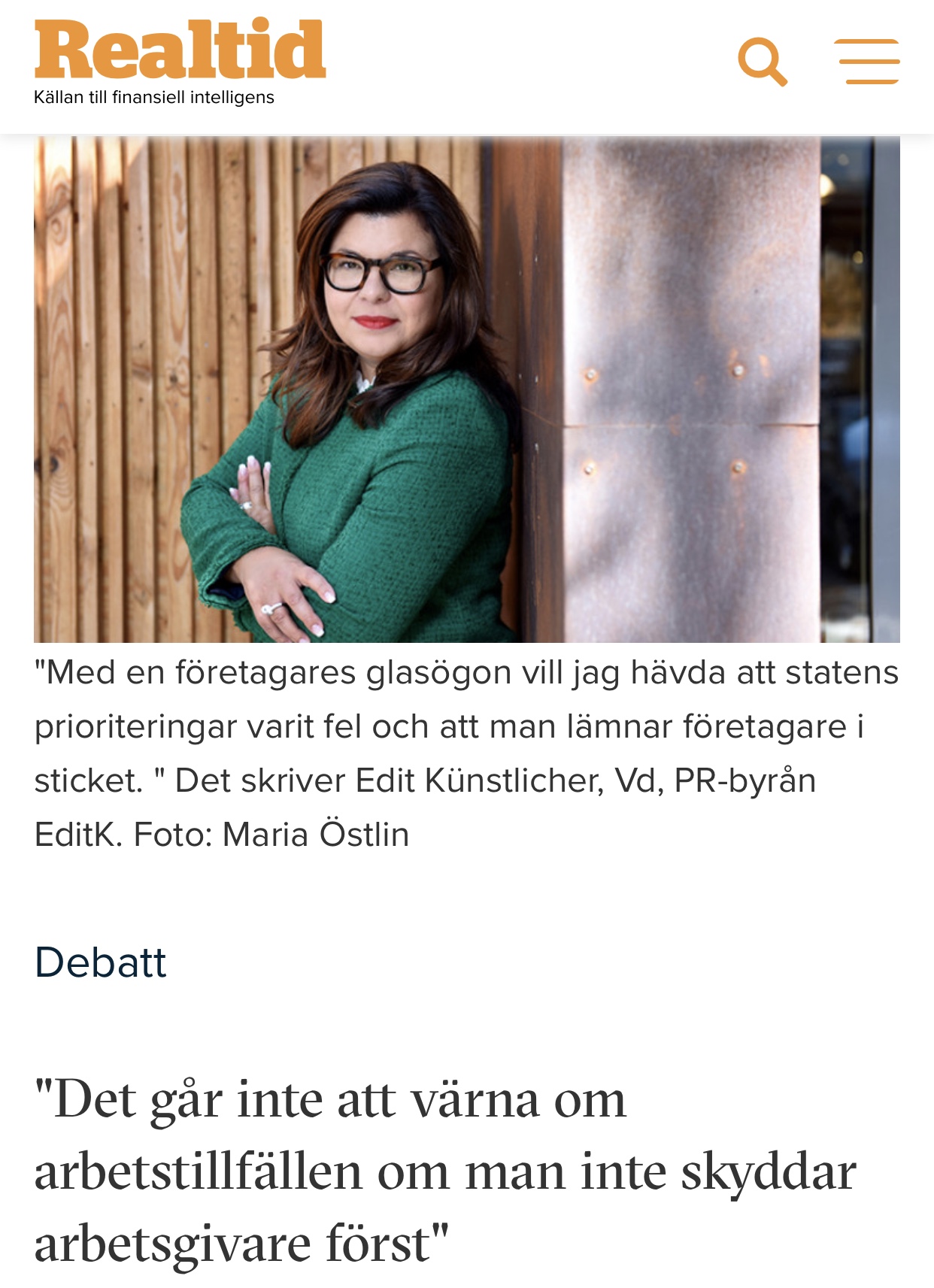 Debattartikel som Edit har skrivit på realtid.se